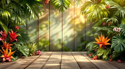 Poster - wooden deck with a vibrant tropical backdrop featuring lush green foliage and colorful flowers, illuminated by a radiant sun.
