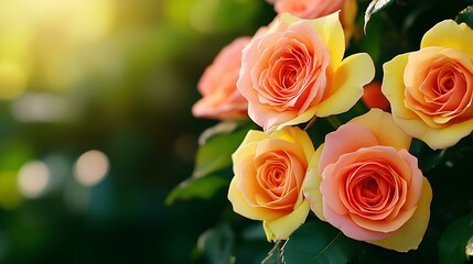 Wall Mural - Cream roses blooming in spring garden under setting sun, perfect for summer banner with copy space.