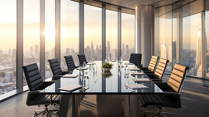 Poster -  modern conference room with a large window providing a cityscape view. The room is furnished with a black rectangular table and several black office chairs. The lighting suggests it is either early m