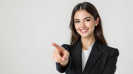 Aufkleber - young, attractive woman pointing her finger directly at the viewer, with a confident and friendly expression. She is dressed in a professional black suit.