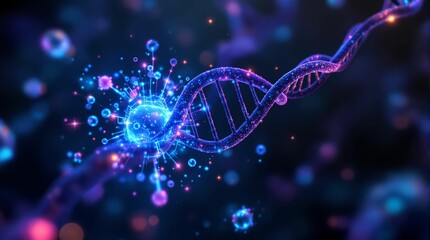 Aufkleber - glowing, futuristic representation of a DNA molecule with a blue and purple color scheme against a blurred background, suggesting a high-tech or scientific theme.