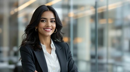 Poster - woman in a business setting, wearing a black blazer and a white shirt, standing in front of a glass wall or window.
