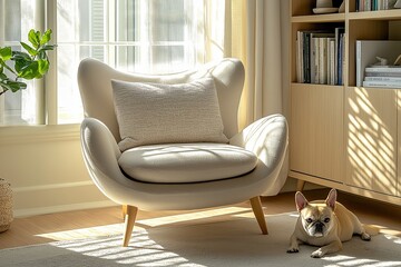 Wall Mural - A bright reading nook featuring a cozy armchair and a dog, embodying cozy home ideas in the interior of the house filled with natural light.