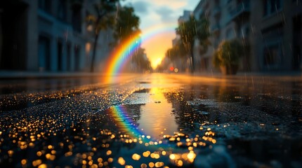 Poster - city street at sunset, with rain drops reflecting the colorful sky, creating a beautiful rainbow effect on the wet asphalt.