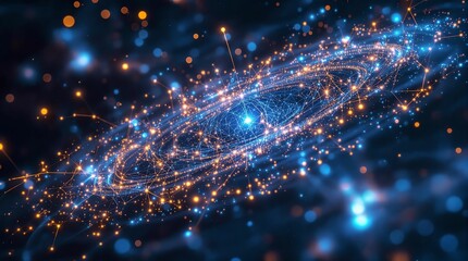 Poster - dynamic space scene with a galaxy in the center, surrounded by colorful nebulae and stars. The galaxy appears to be emitting a bright, celestial light, creating a vivid and cosmic atmosphere.