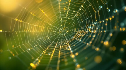 Poster - close-up of a spider web with dew drops hanging from it, backlit by a warm, golden light that creates a glowing effect. The background is blurred, emphasizing the intricate details of the web and the 