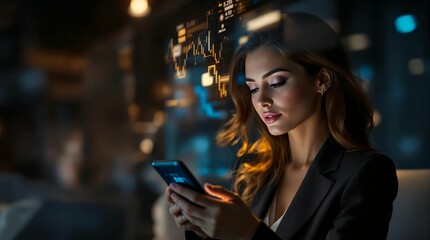 Poster - A woman is looking at her smartphone in a dimly lit urban environment with city lights in the background.