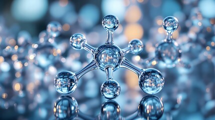 Fototapete - crystal-like structure with blue and silver colors, which appears to be a molecular model, possibly representing a molecule or a network of atoms. The background is blurred with shades of blue and sil