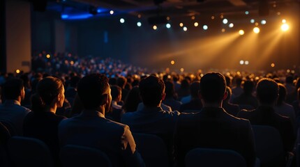 Aufkleber - large audience seated in a dimly lit auditorium, with stage lights shining brightly in the background, creating a dramatic and focused atmosphere.