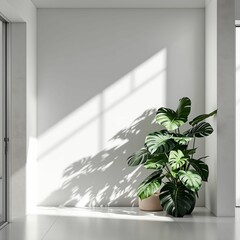 Poster - modern room with a minimalist design. The room features a white wall with a large shadow of a plant, a pot of Monstera plant, and a door in the background. The floor is also white, creating a clean an