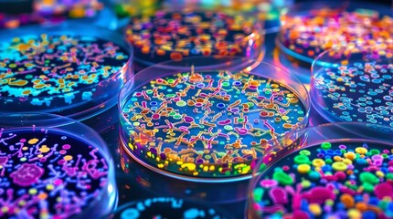 Poster - colorful droplets inside petri dishes, with a mix of blue, green, yellow, red, and purple droplets. The background has a gradient of blue to purple hues, giving a futuristic and vibrant appearance.