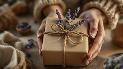 Poster -  person's hands holding a gift wrapped in brown paper with a lavender sprig tied to it with a twine bow. The setting appears cozy, with a wooden surface and a glimpse of a sweater.