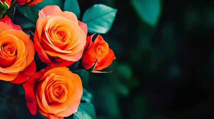 Wall Mural - Beautiful orange roses blossoming in garden during sunset, creating a lovely summer banner with copy space.