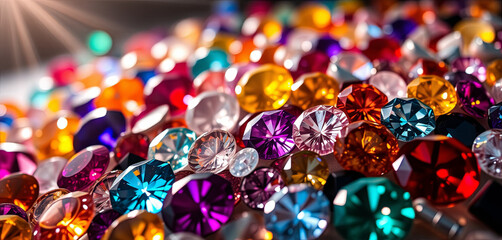 Poster - A vibrant collection of gems in multiple shapes and colors captures the light beautifully. The gems are arranged closely together, creating a dazzling display that showcases their brilliance