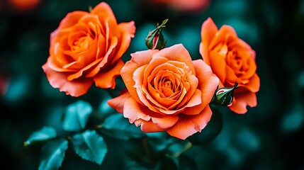 Wall Mural - Gorgeous orange roses in full bloom at sunset in green summer garden.