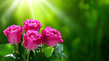 Wall Mural - Gorgeous pink roses in full bloom at sunset in green summer garden, suitable for a banner with copy space.