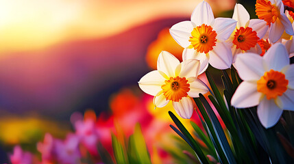 Wall Mural - Enchanting white daffodils in the rays of the setting sun, perfect for a spring banner with copy space.
