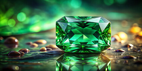 Poster - A vibrant emerald gem glimmers on a reflective surface, complemented by small, colorful stones. The setting depicts a serene atmosphere enhanced by natural lighting