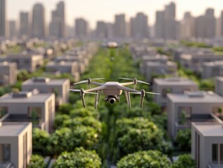 Poster - Drone surveying urban landscapes city parks aerial photography modern environment high perspective innovation