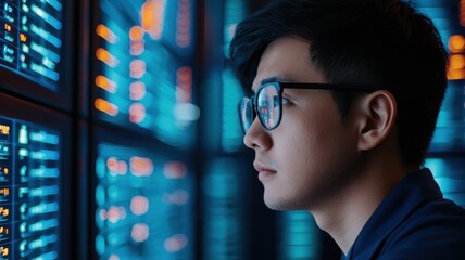 Poster - Data analyst working on computer systems in modern office technology environment focused viewpoint