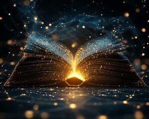 Fototapete - open book glowing with ethereal light, casting enchanting rays that weave into an abstract, technolo