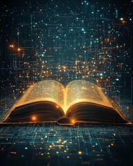 Fototapete - open book glowing with ethereal light, casting enchanting rays that weave into an abstract, technolo