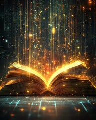 Fototapete - open book glowing with ethereal light, casting enchanting rays that weave into an abstract, technolo