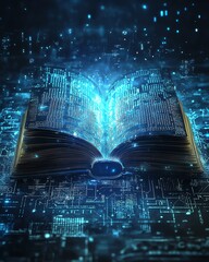 Aufkleber - Open book glowing with ethereal light, casting enchanting rays that weave into an abstract, technologyinspired background, evoking innovation and creativity