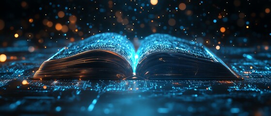 Poster - Open book radiating ethereal glow, surrounded by beams of light, forming an abstract, futuristic technology background that evokes creativity and digital transformation