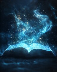 Fototapete - open book with a glowing, ethereal light, casting captivating rays that create an abstract, technolo