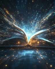 Fototapete - open book with a glowing, ethereal light, casting captivating rays that create an abstract, technolo