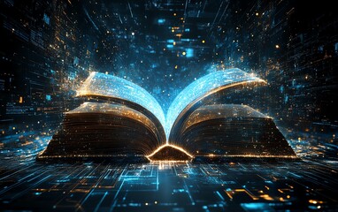 Poster - Ethereal glow emanating from an open book, casting rays of light that blend into an abstract technologyinspired background, showcasing digital innovation and creativity