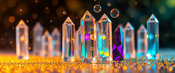 Poster - Shimmering crystals of various shapes and colors catch light, surrounded by floating bubbles. The vibrant backdrop adds an enchanting glow to the scene