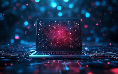 Leinwandbilder - Laptop against a dynamic abstract technology backdrop, showcasing a network of interconnected circuits and nodes, symbolizing innovation and connectivity in the digital age
