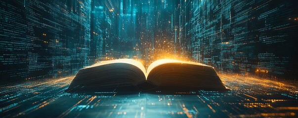 Poster - Mesmerizing open book emitting an ethereal glow, surrounded by enchanting rays of light, creating an abstract technologyinspired background with digital elements