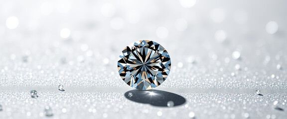 Poster - A brilliant diamond captures light, showcasing its facets, while smaller gems scatter around it on a textured, reflective background, enhancing its elegance