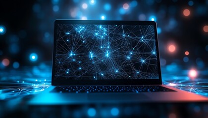Fototapete - Modern laptop set against an abstract tech background, featuring interconnected nodes and circuits, symbolizing cuttingedge innovation and digital connectivity