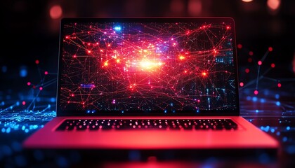 Poster - Modern laptop with a dynamic abstract background, showcasing a network of nodes and circuits, symbolizing connectivity, digital innovation, and technological advancement
