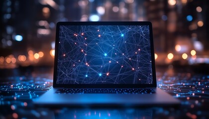 Fototapete - Modern laptop set against an abstract tech background, featuring interconnected nodes and circuits, symbolizing cuttingedge innovation and digital connectivity