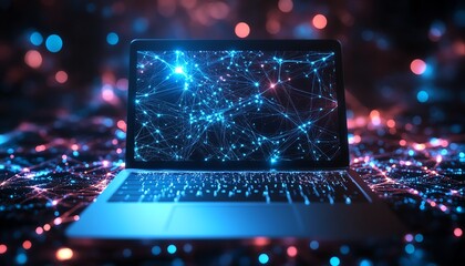 Poster - Modern laptop with a dynamic abstract background, showcasing a network of nodes and circuits, symbolizing connectivity, digital innovation, and technological advancement