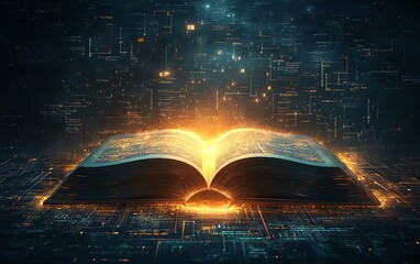 Fototapete - open book emitting a captivating glow, with ethereal light rays weaving into an abstract, technology