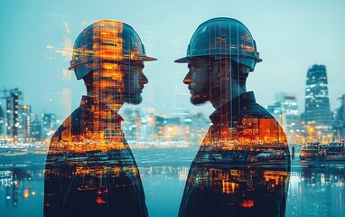 Poster - Futuristic construction engineering scene featuring double exposure of engineers and smart industry technologies, illustrating the future of building design and innovation