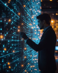 Aufkleber - Global business network concept with a businessman interacting with data exchanges in cyberspace, showcasing the importance of big data in modern digital transformation