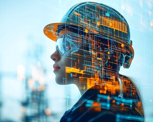 Aufkleber - Innovative vision of building construction engineering, featuring a double exposure of engineers at work and cuttingedge technology, symbolizing the future of smart industry