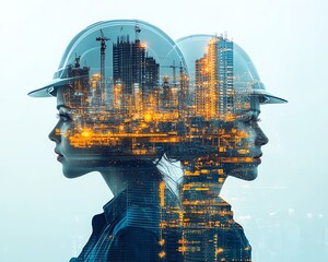 Aufkleber - Double exposure graphic showcasing engineers working in building construction, combined with smart industry technologies, highlighting the future of construction engineering