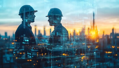 Aufkleber - Double exposure graphic of engineers in building construction, integrated with smart industry technologies, representing the future of engineering and technological advancements