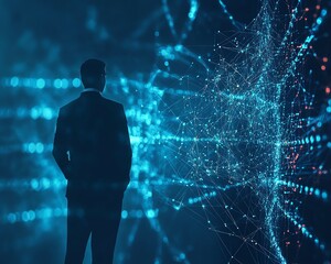 Aufkleber - Futuristic abstract background with a businessman interacting with global business networks and data exchanges
