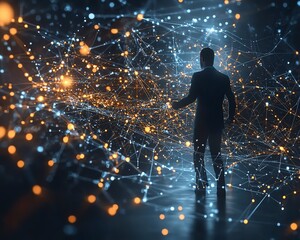 Poster - Futuristic abstract background with a businessman interacting with global business networks and data exchanges