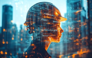 Aufkleber - Futuristic building construction engineering scene with double exposure of engineers at work and advanced smart industry technology, representing innovation in construction