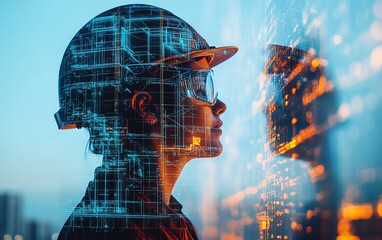 Poster - Futuristic construction engineering scene featuring double exposure of engineers and smart industry technologies, illustrating the future of building design and innovation